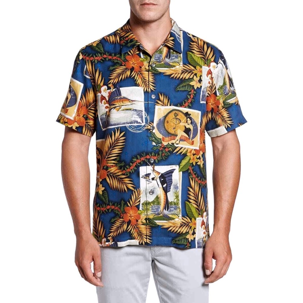 Tommy Bahama Mens Silk Christmas Camp Shirt Blue Marlin Santa Pinup Large